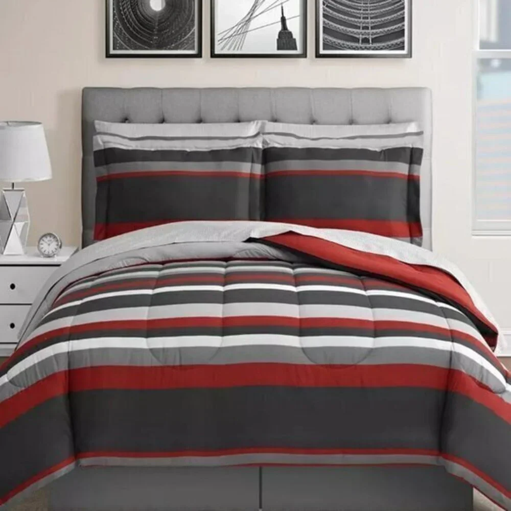 Stripe/Solid Reversible 6Pc. Comforter Set Twin Size Red/Gray/ Black